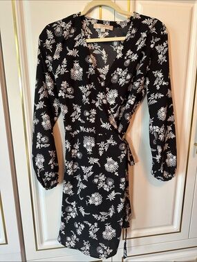 LOFT Black and White Floral Wrap Dress
